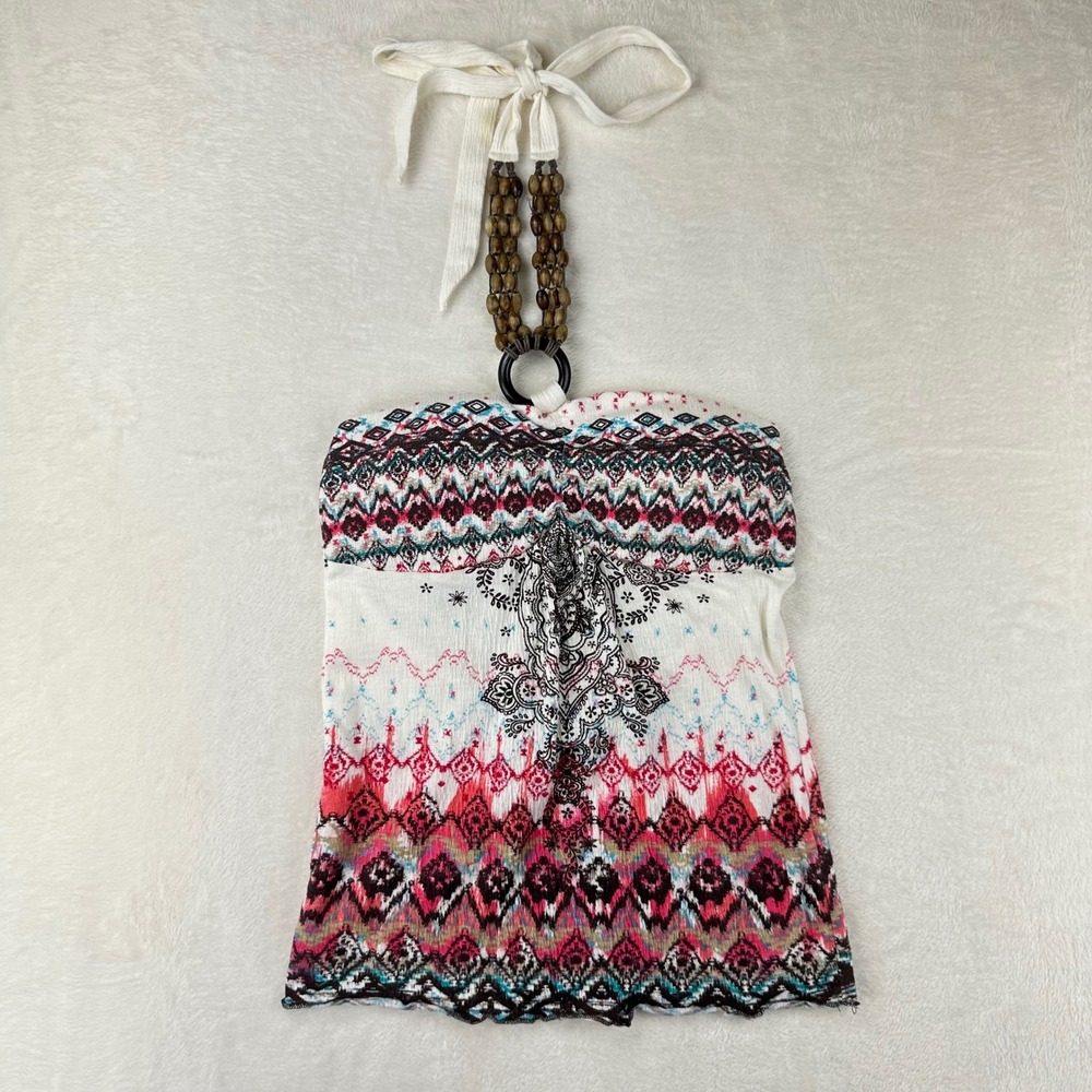 No Boundaries Halter Top Womens L Pink Brown Paisley Y2K Beaded Summer Vacation